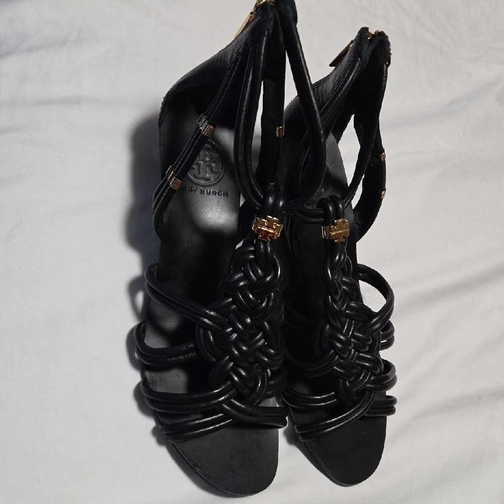 Tory Burch Black Knotted Leather Heeled Sandals with Gold Accents